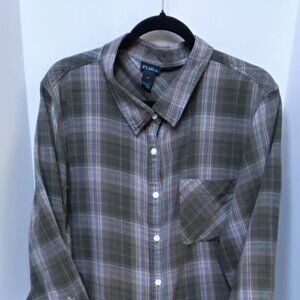 Rue + Ladies Gray Pink White Black Long Sleeve Plaid Button-Down Top